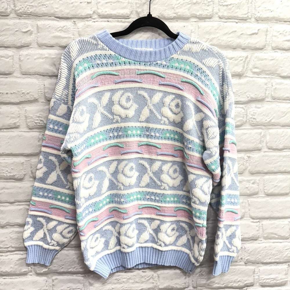 Vtg Rose 80s Fairy Sparkle Knit Sweater Pastel Blue Pink Novelty Rose Whimsical